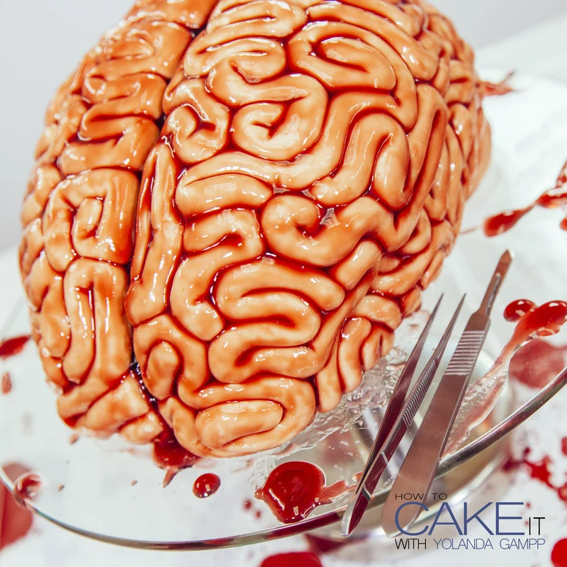 Deep Red Velvet Brain Cake with Fondant Brain Tissue and Raspberry Jam Blood!