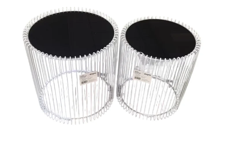 Design-Beistelltische 2er-Set in weis aus Eisen mit schwarzer Glasplatte – Ø45x46 cm & Ø38x44 cm