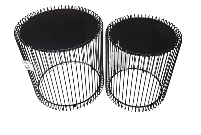 Design-Beistelltische 2er-Set in schwarz aus Eisen mit schwarzer Glasplatte – Ø45x46 cm & Ø38x44 cm