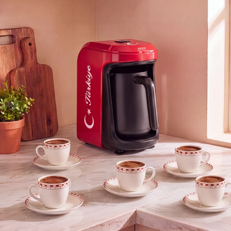 Karaca Hatır Hüps Türkiye – Türkische Kaffeemaschine mit Milchfunktion, 5 Tassen, mit Nationalhymne, Flaggenrot