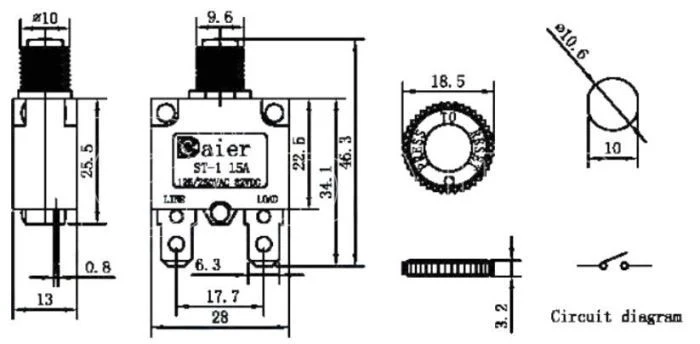 Nadproudový tepelný jistič ST-1 250VAC/15A nebo 32VDC/15A