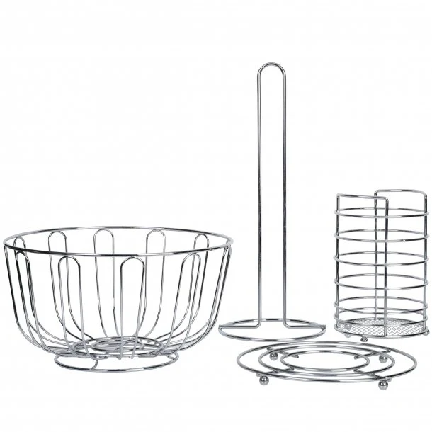 Küchenhelfer-Set, 4-Teilig aus Stahldraht - Obstkorb, Besteckkorb, Untersetzer & Küchenrollenhalter