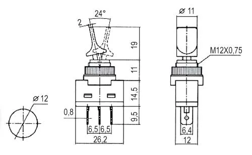 Přepínač páčkový 2pol./3pin ON-OFF 12VDC prosv. zelený
