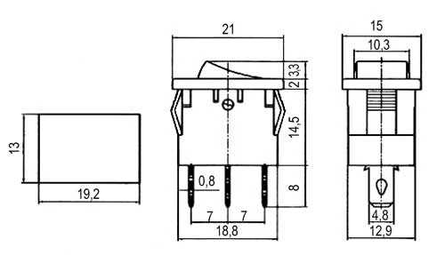 Přepínač kolébkový 2pol./3pin ON-OFF 250V/6A pros. červený