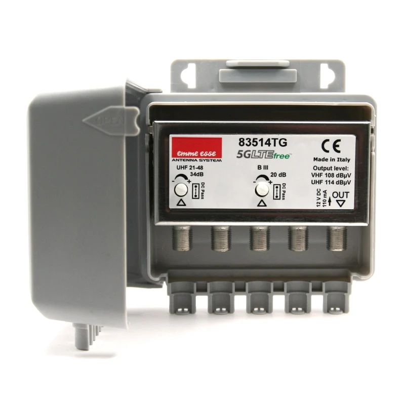 Anténní předzesilovač Emme Esse 83514TG, na stožár, filtr 5G, 1xDAB(VHF) G20dB, 1xUHF G34dB
