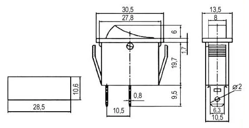 Přepínač kolébkový 2pol./2pin ON-OFF 250V/15A červený