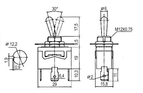 Přepínač páčkový 3pol./3pin ON-OFF-ON 250V/10A