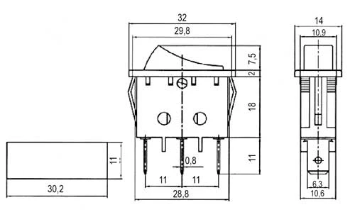 Přepínač kolébkový 2pol./3pin ON-ON 250V/15A černý