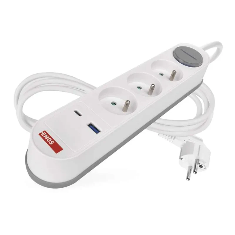 Prodlužovací přívod 3 zásuvky 2m EMOS P1312FC USB s vypínačem