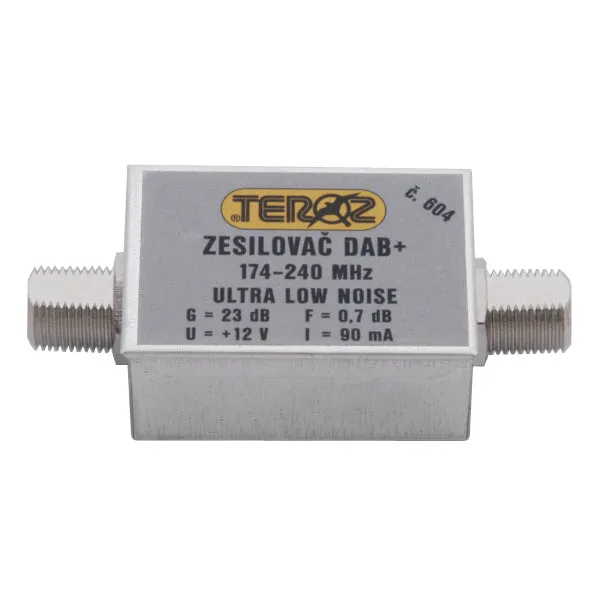 Anténní zesilovač TEROZ 604X, nízkošumový, DAB, G23dB, F0,7dB, U>120dBµV, F-F