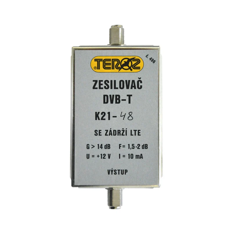 Anténní zesilovač TEROZ 496X, UHF K21 až 48, filtr 5G, LTE, GSM, G14dB, F2dB, U95dBµV, F-F