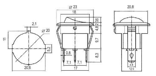 Přepínač kolébkový kul. 2pol./2pin ON-OFF 250V/6A černý