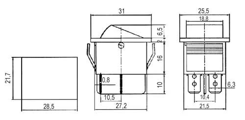 Přepínač kolébkový 2pol./4pin ON-OFF 250V/15A červený