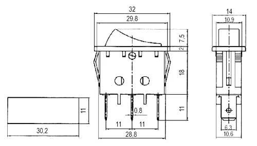 Přepínač kolébkový 3pol./3pin ON-OFF-ON 250V/15A černý