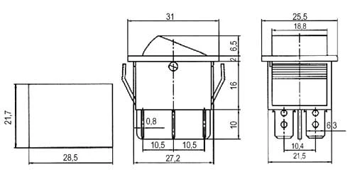 Přepínač kolébkový 2pol./6pin ON-ON 250V/15A červený