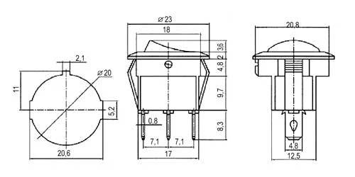 Přepínač kolébkový kul. pros. 2pol./3pin ON-OFF 250V/6A červený