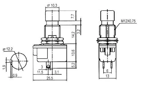 Přepínač tlačítko kul.ON-(OFF) 12V kov