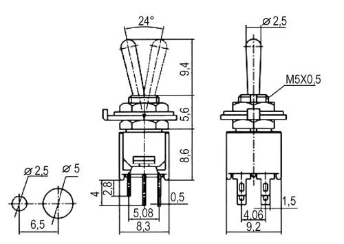 Přepínač páčkový 3pol./6pin ON-OFF-ON mini